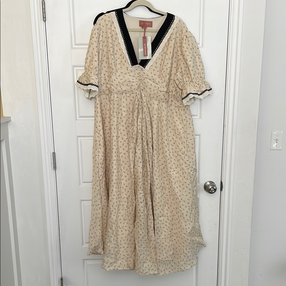 JessaKae Cream V-Neck Puff Sleeve Dress